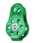 Rocky 28kN Zipline Pulley And 26kN Micro Pulley Set With Stainless Steel Bearings in green, side view