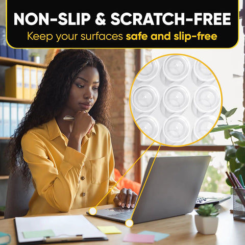 Clear Silicone Bumper Pads 0.5 Self Adhesive Jelly Button Cushions Cabinets with close-up of cushioning pads on table.