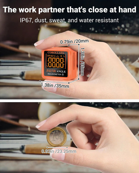 Dead On Digital Angle Finder And Magnetic Torpedo Level Boasting A Crisp Backlit Display held in hand, showing size and precision features.