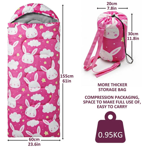 Bright Pink 3 Season Kid Friendly Sleeping Bag For Camping And Backpacking Lightweight And Waterproof With Carry Bag Perfect For Hiking Outdoor Travel Boys And Girls Cozy All Weather Sleep Gear displayed with dimensions and weight