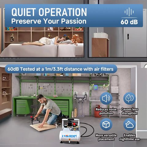 Ultra Quiet 60dB Oil Free Electric Air Compressor with 1 Gallon Steel Tank in woodworking garage setup