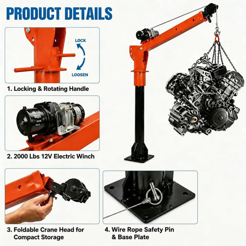 Heavy Hitter 1100 Lbs Truck Mounted Crane With 2000 Lbs Electric Winch, showing locking handle and 12V winch for lifting.