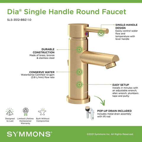 Low-Flow Brushed Bronze Single Hole Bathroom Faucet With Drain Assembly, No-Drip Ceramic Disc Valve, 1-Handle Operation