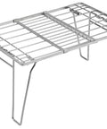 Expandable Slim Camping Rack Foldable Gear Shelf for Tent, Car, and RV Camping with adjustable metal frame and hook-on legs