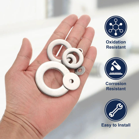 Top Shelf M6 Flat Washers 304 Stainless Steel 120 Pack 6mm ID 10mm OD in hand, showcasing heavy duty washers for outdoor projects.