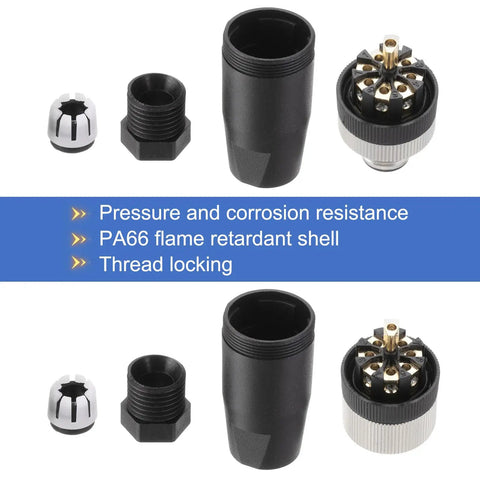 Components of Two Pack 8 Pin M12 Male Aviation Connector Wire Plugs A Coding 12mm Circular Sensor Connector Waterproof IP67