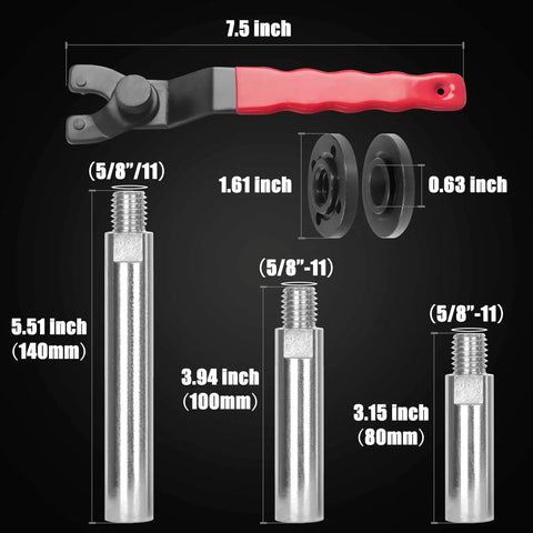 Universal Angle Grinder Attachments Kit With 5/8-11 Extension Rods Flange Nuts Clamping Blocks And Adjustable Spanner Wrench 12 Piece Set For DeWalt Milwaukee Makita Grinders Fast Change Upgrade For Safer More Efficient Grinding showing spanner wrench and extension rods sizes.