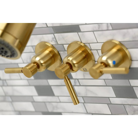 Concord Triple-Handle Tub And Shower Faucet In Brushed Brass KBX8137DL with modern cylindrical design on tiled wall
