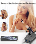 Woman using 220V to 110V Voltage Converter 230W Step Down Travel Power Adapter with USB C Port for hair styling