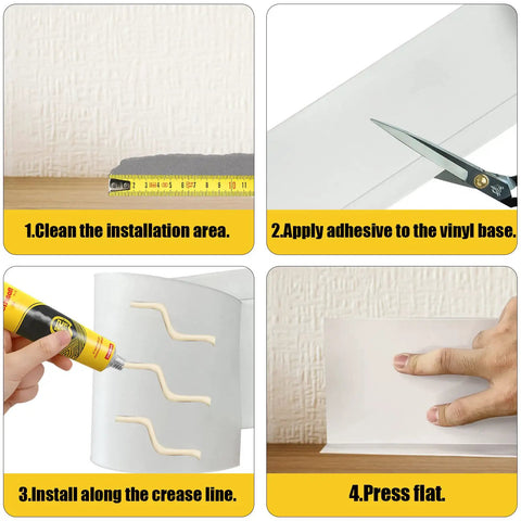 Installation steps for Super Easy Install Flexible Vinyl Baseboard Trim Molding Five Inches Wide And Forty Feet Long Cove Base