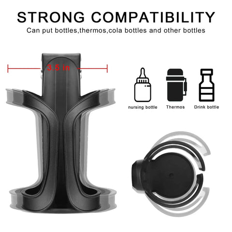 Universal Stroller Cup Holder With 360-Degree Swivel, Spill-Proof Bottle Holder showing strong compatibility and dimensions