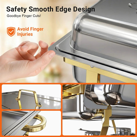 Close-up of hand touching smooth edge of Super Sized Buffet Chafing Dishes Set, 4 Full Size Stainless Steel Food Warmers with stackable design
