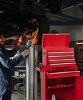 Auto mechanic working near Detachable 3 Drawer Tool Chest With Large Storage Cabinet And Adjustable Shelf Heavy Duty Red Black Rollin Garage Workshop Organizer For Tools Hardware And Gear in garage.