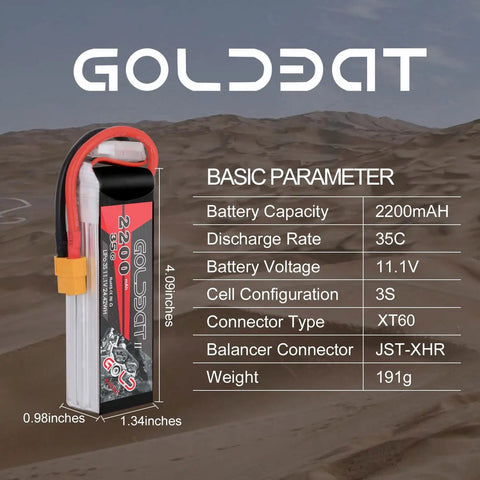 3S LiPo Battery 2200mAh 11.1V 35C with XT60 connector and specifications displayed beside it