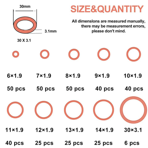 Silicone O Ring Kit With Metric Sizes 70 Shore A Hardness For Extreme Temperature Sealing size chart with dimensions and quantities.