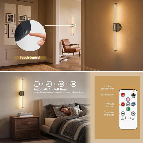 JTsupliight Battery Operated Wall Sconce 2 Pack, Type-C Rechargeable, Black with touch control and automatic shutoff timer.