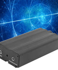 Black Powerhouse Home Audio Amplifier with Built-In Morse Code Keyer against a blue abstract background.