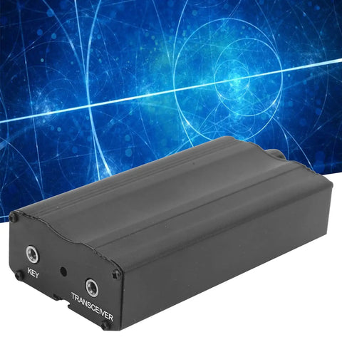 Black Powerhouse Home Audio Amplifier with Built-In Morse Code Keyer against a blue abstract background.