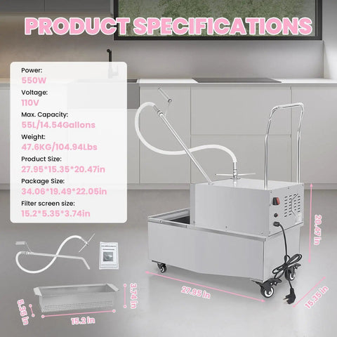 Heavy Duty Restaurant Oil Filter Machine 55L Capacity With 3 Stage Purification System shown with dimensions and specifications.