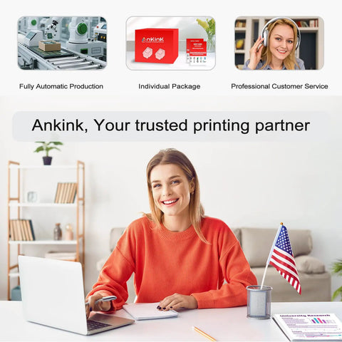 Woman in red sweater working at desk with American flag, showcasing fully automatic production and customer service from Ankink.