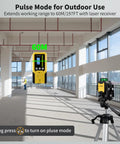Green Cross Line Laser Level 360 Self Leveling in use, projecting laser lines for construction in large room, tripod setup visible.