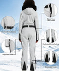Women Slim Fit One Piece Ski Suit Insulated Snow Jumpsuit Waterproof Windproof Winter Sports Gear Warm Light Blue Size S back view