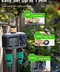 Two Zone Hose Timer With Dual Outlet Sprinkler Control Brass Inlet Rain Delay Manual And Auto Modes shown with easy setup instructions