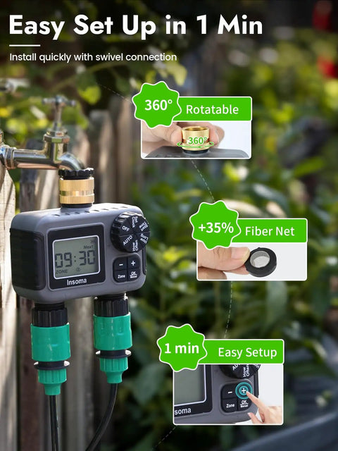 Two Zone Hose Timer With Dual Outlet Sprinkler Control Brass Inlet Rain Delay Manual And Auto Modes shown with easy setup instructions