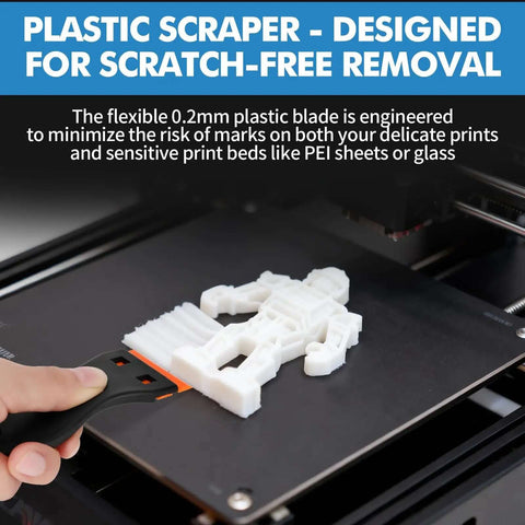Plastic scraper in Dual Tool 3D Printer Scraper Set removing 3D print safely from PEI bed without scratches