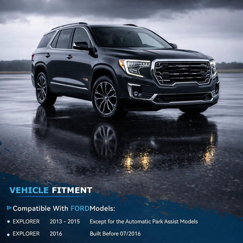 Ford Explorer parked on wet pavement, highlighting compatibility with Complete Electric Power Steering Rack And Pinion Assembly Replacement For Ford Explorer 2013 2014 2015 2016 Plug And Play Kit Easy Install Core Return Required Lifetime Warranty Eligible.