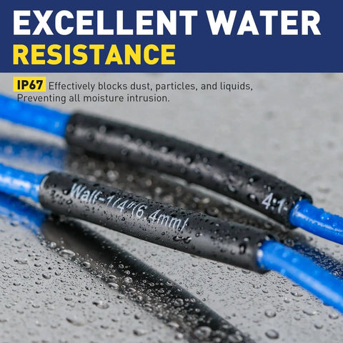 4:1 Heat Shrink Tubing Kit With Seven Sizes From 3/32 To 3/4 Inch, Total 54 Feet, Adhesive Lined Marine Grade Shrink Wrap, Easy DIY Wire Harness Fix For Home And Industrial, Black shown in wet condition showcasing excellent water resistance.