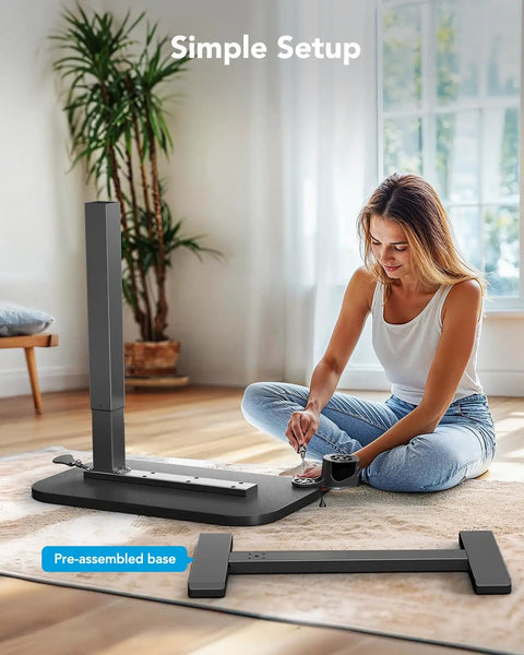 Woman assembling 32 Inch On Wheels Overbed Desk With Cup Holder And Height Adjustable Pneumatic Lift Rolling Computer Cart
