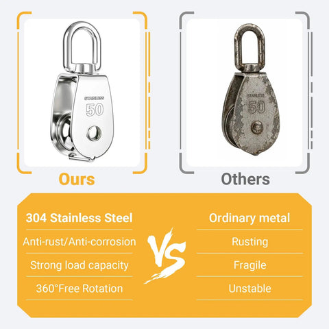 Twin Pack M50 Rope Pulley Block In 304 Stainless Steel, Heavy Duty Swivel Pulley For Crane Lifting And Rigging, Hanging Wire And Cable, Rust Resistant Double Wheel Block For Tough Work Sites. 50mm 304 stainless steel pulley block compared to rusted metal