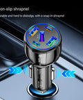 Upgraded Five Port Seventy Five Watt Car Charger Adapter With Ultra Fast Type C Plus Quick Charge, showing four USB ports.