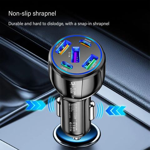 Upgraded Five Port Seventy Five Watt Car Charger Adapter With Ultra Fast Type C Plus Quick Charge, showing four USB ports.