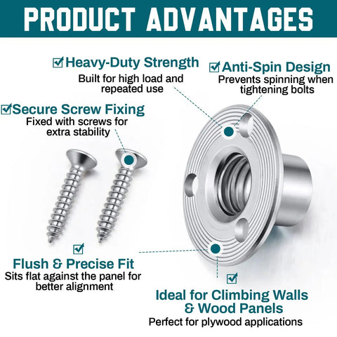 Heavy Duty 120 Pack T Nuts With 360 Hex Machine Screws 3/8 x 16 Thread 7/16 Inch Wide Galvanized Carbon Steel Rust Resistant Hardware showcasing screw fixing and anti-spin design.