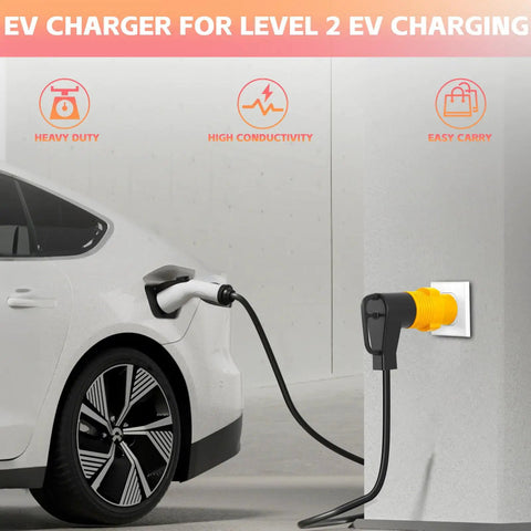 Nema 6-50P To 14-50R EV Level 2 Charging Adapter connected to a Tesla for charging with heavy duty plug.