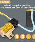 Heavy Duty 12V Electric Fuel Transfer Pump 120 GPH Grab And Go Gasoline And Diesel Siphon Kit with yellow motor and tubing.