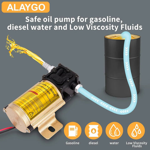 Heavy Duty 12V Electric Fuel Transfer Pump 120 GPH Grab And Go Gasoline And Diesel Siphon Kit with yellow motor and tubing.