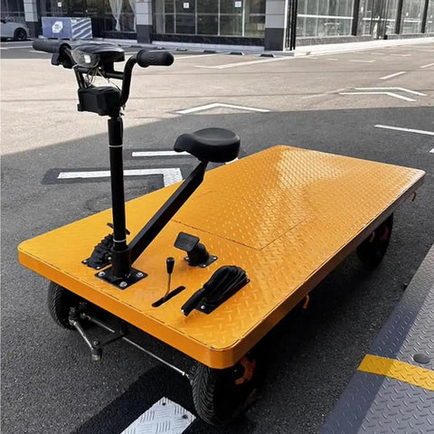 Huge Heavy Duty Electric Platform Truck Cart That Folds Like A Dream For Moving Groceries And Warehouse Gear With Slip Resistant Surface Holding Up To 2K Lbs, bright yellow with a seated handle.