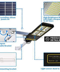 Outdoor Solar Flood Lights With Motion Sensor detailed view, showing solar panel, LED chips, and mounting bracket.