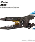 Heavy-Duty Wire Stripper With Slim-Forged Design, Self-Opening Pliers in action, cutting wire, blue handles.