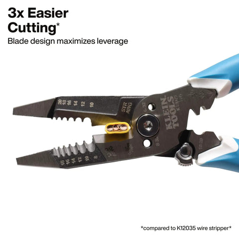 Heavy-Duty Wire Stripper With Slim-Forged Design, Self-Opening Pliers in action, cutting wire, blue handles.