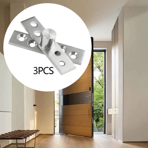 Three Piece 360 Degree Rotating Door Hinges Center Pivot Set with installed door, showing stainless steel finish