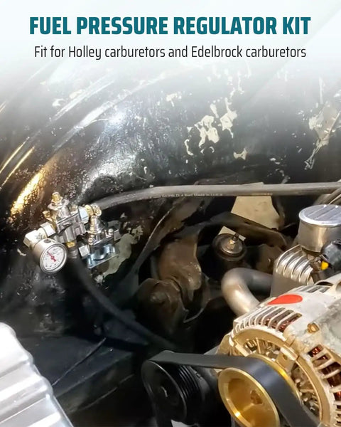 Engine view with Carburetor Fuel Pressure Regulator Kit 1-4 PSI Gauge, Aluminum Alloy for Holley and Edelbrock carburetors.