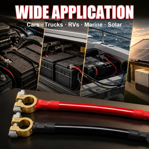 Heavy Duty 2AWG Battery Power Cables Set With Pure Copper Lugs And Connector Clamps For 12V 24V Cars Trucks Boats RV Plus Straight Up Reliable Electrical Hookup Everyday in use with multiple battery applications.