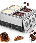 Heavy Duty Commercial Chocolate Melting Machine, Four Tank Water Bath Heater, with stainless tanks and precision temp control.