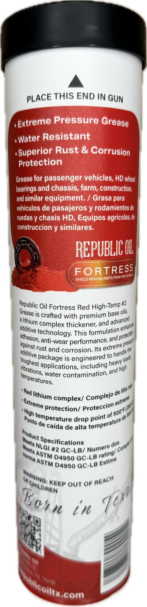 Side view of Red High Temp No. 2 Lithium Complex Heavy Duty Grease For Multi Purpose Use In Chassis And Wheel Bearings tube