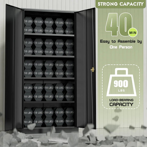 72 Inch Metal Storage Cabinet With Locking Doors, Your Go To Heavy Duty Garage Organizer, Tall Office Cabinet With Adjustable Shelves For Home Pantry Classroom Or Workshop, Scratch Resistant Powder Coat Finish, open view showing interior shelving and capacity.