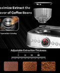 Slick Semi Automatic Espresso Brewer With Built In Grinder And Milk Frother Delivers 20 Bar Pressure Plus Roomy Water Tank, tapered burr grinder and adjustable extraction settings.